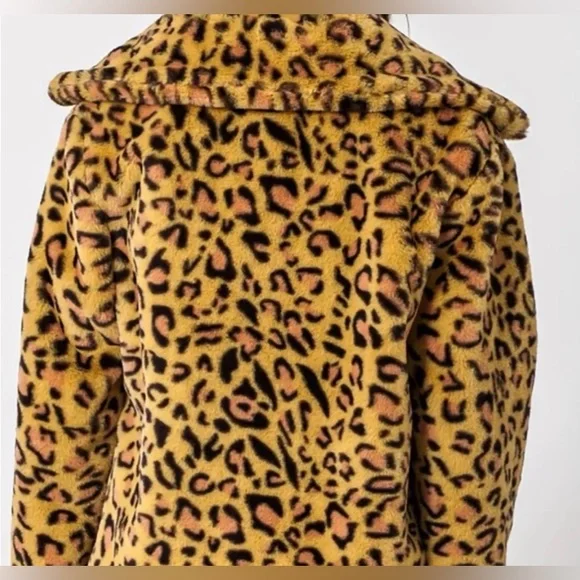 Leopard Print Sherpa Big Collar Jacket Mustard Lining Women Size Large NWT - Picture 9 of 9